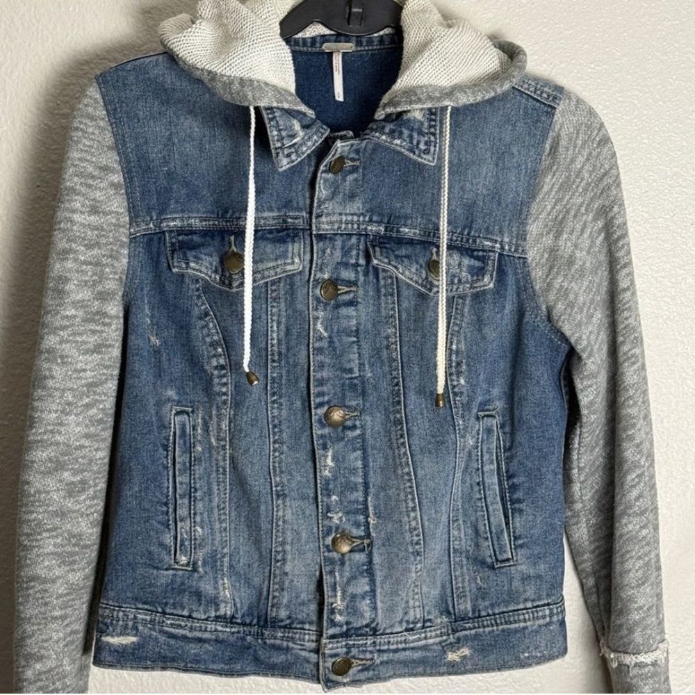 Free people Denim Jacket with Gray Knit Sleeves